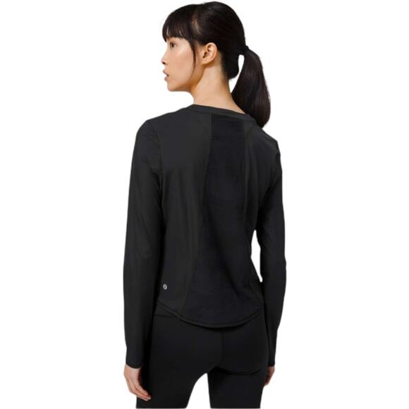 EUC Lululemon Sheer Will Long Sleeve Black Tee With Semi Sheer Camo Back Size 4 - Picture 4 of 11